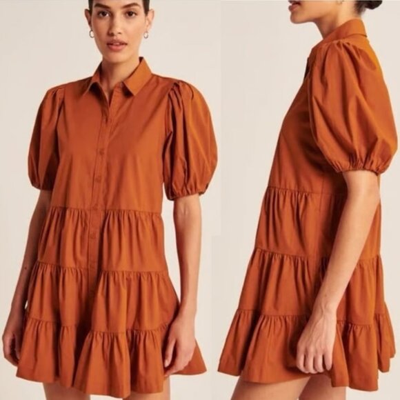 Abercrombie & Fitch Burnt Orange Poplin Puff Sleeve Button Down Tiered Dress S - Picture 2 of 16